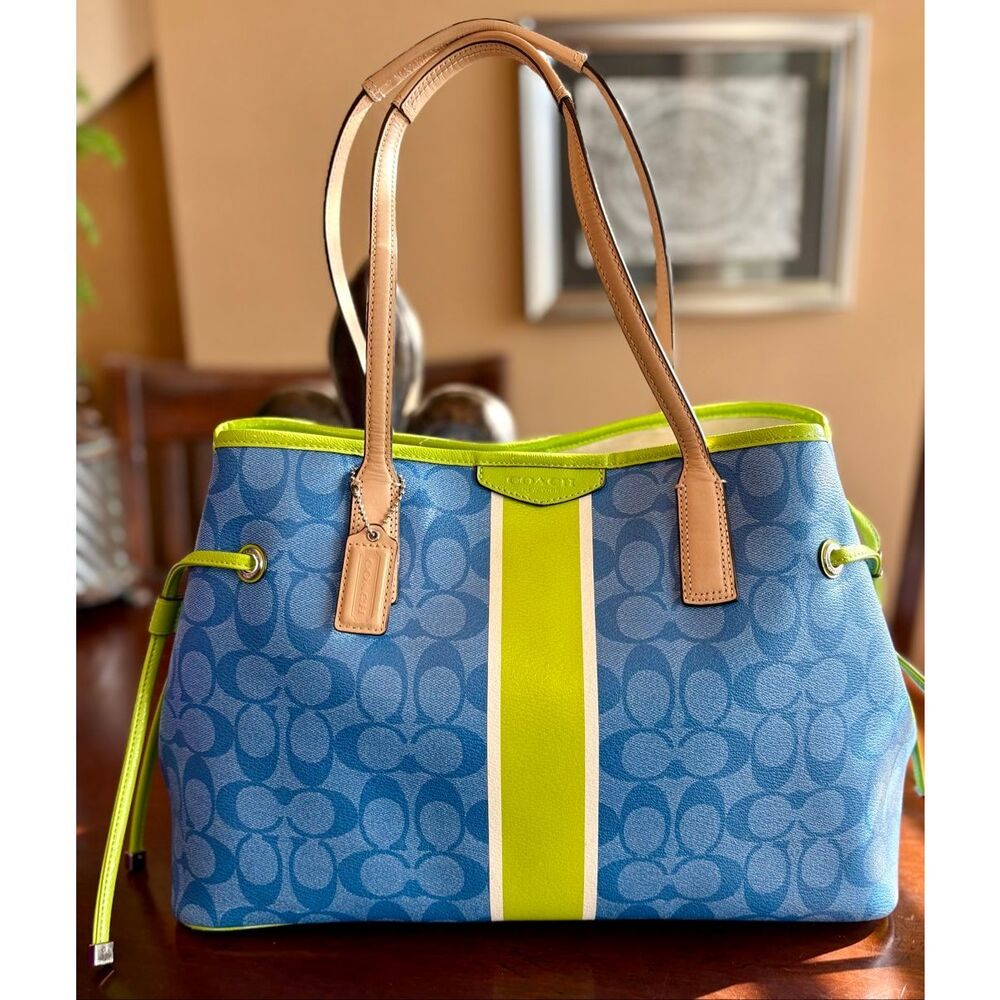 COACH  - Signature Stripe Drawstring Carryall Bag in Blue w/Lime Green Trim - Picture 5 of 14